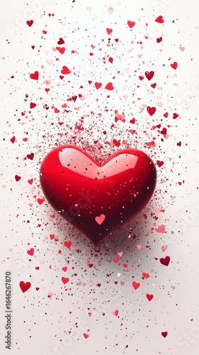 Shiny Red Heart Surrounded by Sparkling Confetti in Various Shades of Pink on...