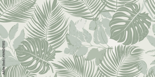 Monstera and palm leaf tropical pattern in sage green