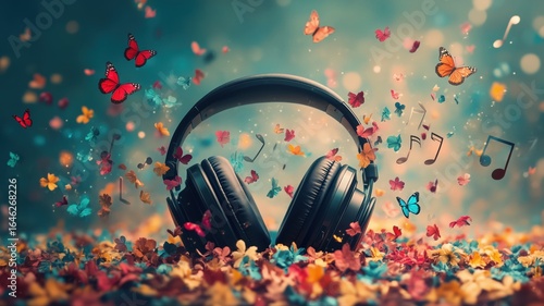 colorful butterfly swarm dancing around black headphones on a vibrant flower field with floating music notes