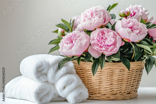 Beautiful Peonies in a White Basket With Fresh Towels Arranged for Relaxation...