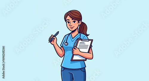 Smiling female nurse holding clipboard and pen, ready to record patient information.