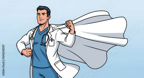 A confident doctor, depicted as a superhero, wearing a white coat and cape, ready to help.
