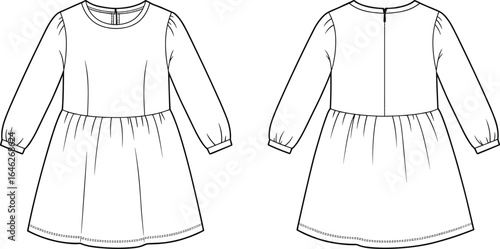 Dress technical drawing, front and back view, long sleeves, round neckline, fitted bodice, gathered skirt, back closure, fashion sketch