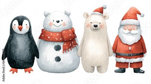 Watercolor Set of Cute Christmas Characters Penguins Illustration