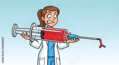 A worried doctor holding a giant syringe filled with red liquid, looking concerned.