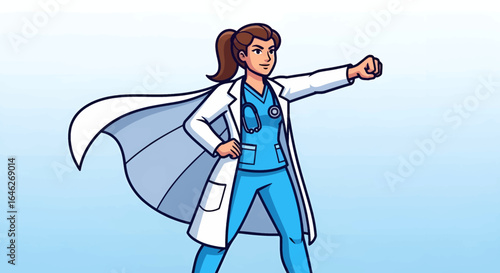 A female doctor superhero, in a powerful pose, wearing a lab coat and cape.