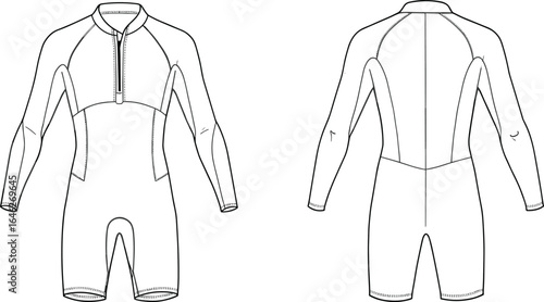 Wetsuit technical sketch, front and back view, long sleeve short leg design, chest zipper, seam panel layout, garment template