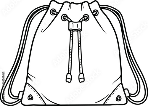 Drawstring backpack design, technical illustration, fabric bag with metal eyelets, reinforced corners, shoulder straps, flat sketch, product template