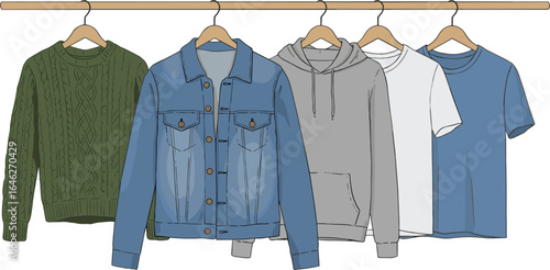 Clothing rack with sweater, denim jacket, hoodie, white and blue t-shirts, casual fashion, wardrobe, apparel, hangers, outfit ideas