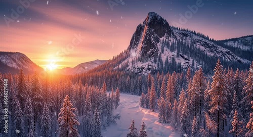 Beautiful winter forest standing beside snowy rock mountain under clear sky
Seamless looping, virtual video animation background. Generated AI	