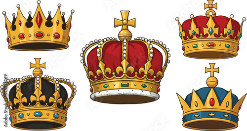 Royal crown set, five ornate designs, gold headpieces with gemstones, cross-topped and spiked styles, regal accessories, historical inspiration