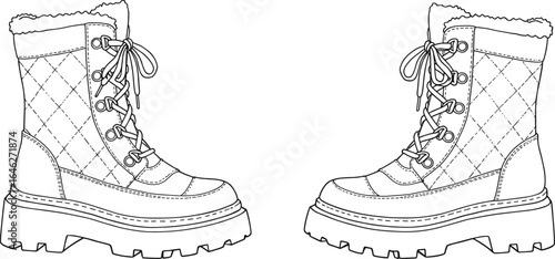 Winter boots facing each other, quilted sides, fluffy lining, rugged tread sole, metal eyelets, stylish stitching, cold weather footwear, vector