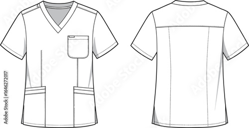Technical drawing scrub top, short sleeve V-neck, medical uniform design, chest and lower pockets, garment construction, fashion illustration