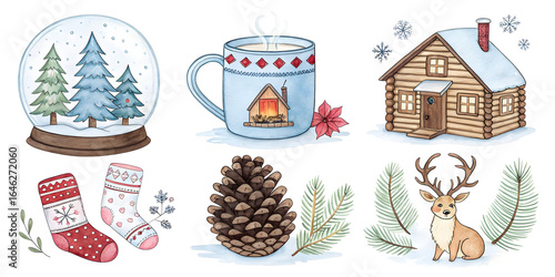 Watercolor winter doodles of a snow globe cabin mug pine cone socks reindeer and pine branches