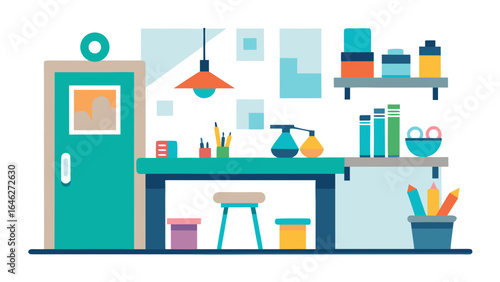Flat Vector Bright Craft Room Supplies Creative Hobby Workspace Design