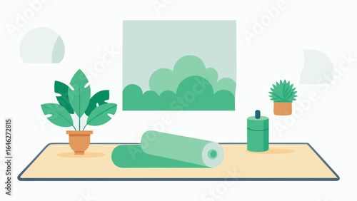 Flat Vector Yoga Room Mat Greenery Wellness Meditation Design