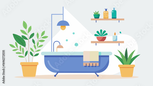 Flat Vector Bathroom Interior Bathtub Plants Home Hygiene Design