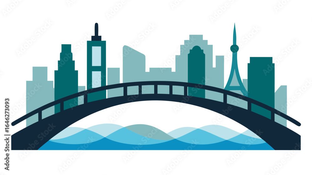 Fototapeta premium Minimalist Bridge Over River City Skyline Urban Landscape Vector Design