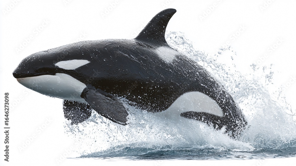 Fototapeta premium Orca Whale Jumping Out of Ocean Water Splashing