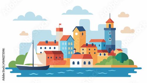 Flat Vector Coastal Town Skyline Boats Harbor Marine Landscape Art