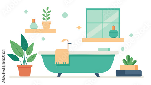 Flat Vector Bathroom Interior with Bathtub and Greenery Plant Decor
