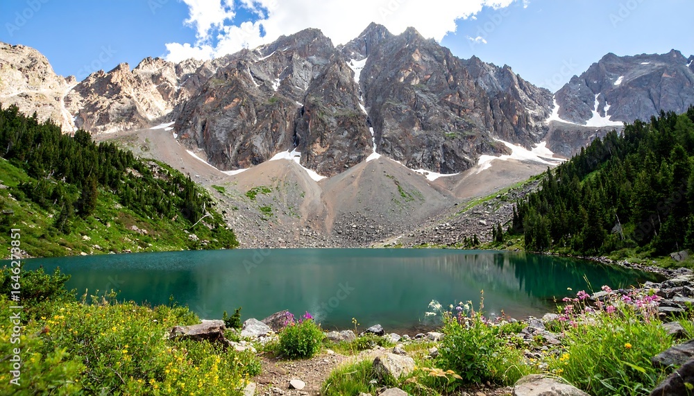 Obraz premium Mountain lake surrounded by wildflowers