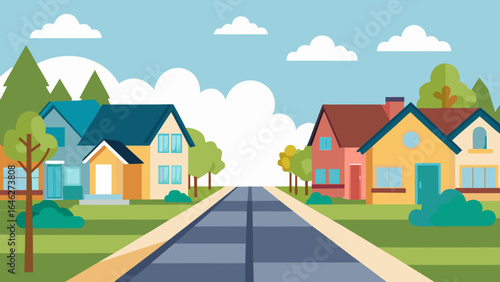 Flat Vector Quiet Suburban Street Houses Residential Neighborhood Graphic