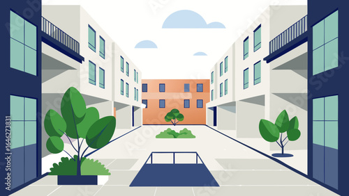 Minimalist Apartment Complex Courtyard Greenery Urban Residential Graphic