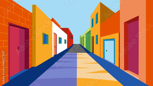 Flat Vector Quiet Alleyway Colorful Walls City Urban Street Graphic Illustration