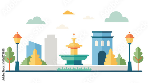 Flat Vector Pedestrian Plaza Background City Urban Public Space Graphic