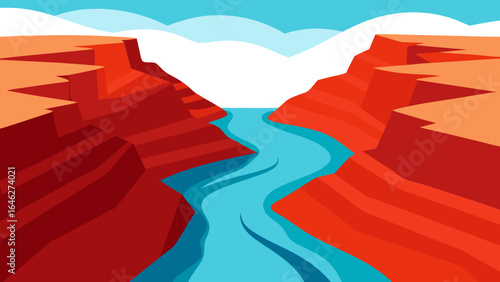 Flat Vector Canyon River Winding Red Cliffs Nature Graphic Illustration