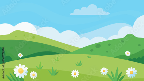 Flat Vector Grassy Meadow Daisies Rolling Hills Nature Graphic Illustration