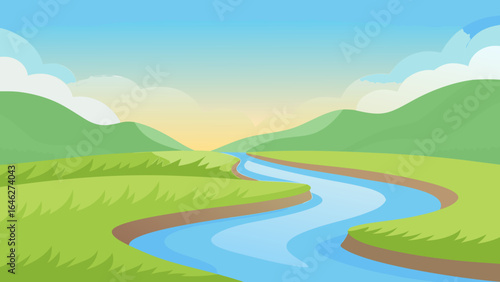 Flat Vector Calm River Through Grass Background Nature Graphic Illustration