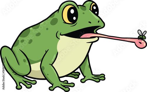 Cartoon frog catching fly, green skin, spotted body, long tongue, insect capture, expressive eyes, humorous nature scene, vector art