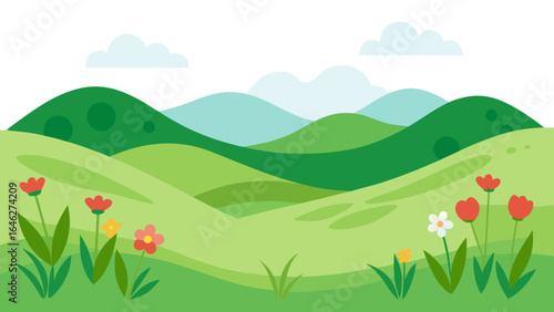 Simple Meadow Wildflowers Rolling Green Hills Nature Graphic Illustration Scene