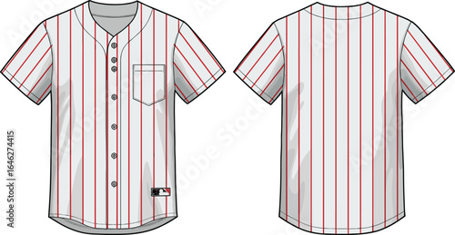 Baseball jersey front and back, white with red pinstripes, button-down design, MLB logo patch, chest pocket, sportswear apparel