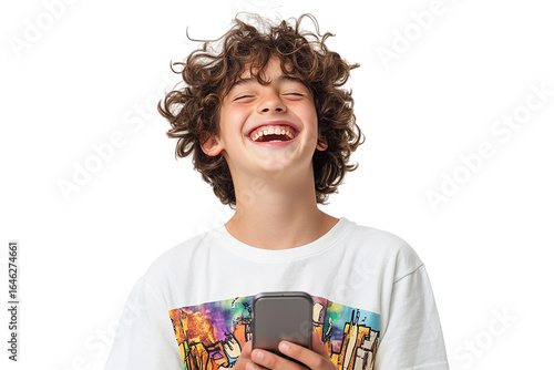 Joyful boy in T-shirt holds phone. PNG, transparent background, stock photography.