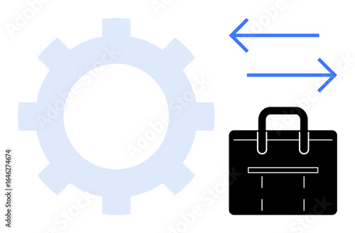 Large gear, briefcase, and two arrows indicating workflow direction. Ideal for business, productivity, automation, workflow, efficiency, process management and organizational design as a simple flat