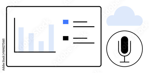 Bar chart with legend, microphone icon, and cloud icon illustrating analytics, recording, cloud storage, streaming, podcasting, presentations and content creation. Ideal for a simple landing page