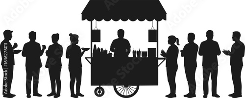 Street food cart silhouette, vendor serving customers, mobile canopy stall, people eating, urban snack scene, black and white vector illustration