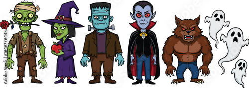 Halloween cartoon characters, zombie with rose, witch with apple, vampire, werewolf, Frankenstein, ghosts, spooky vector set, horror icons