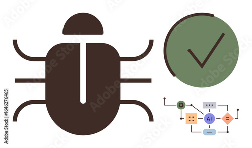 Stylized bug icon paired with a green verification mark and flowchart of algorithm process. Ideal for software debugging, programming, AI, data flow, problem-solving, automation, coding. Simple flat