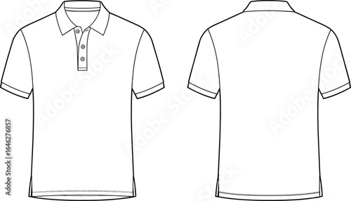 Polo shirt technical drawing, front and back view, fashion flat sketch, garment design template, collar placket, short sleeve outline