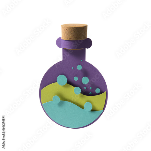 Colorful paper-cut potion bottle with cork stopper — white isolated background