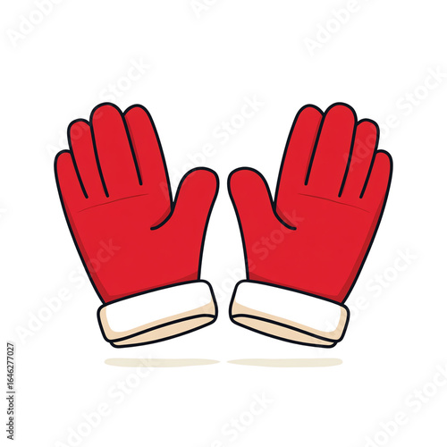 Red mittens with white cuffs, pair facing outward, 3D render — white isolated background