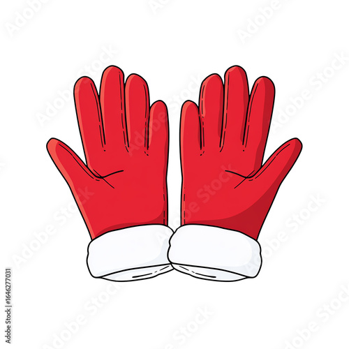 Red winter gloves with white cuffs, pair facing outward, 3D render — white isolated background