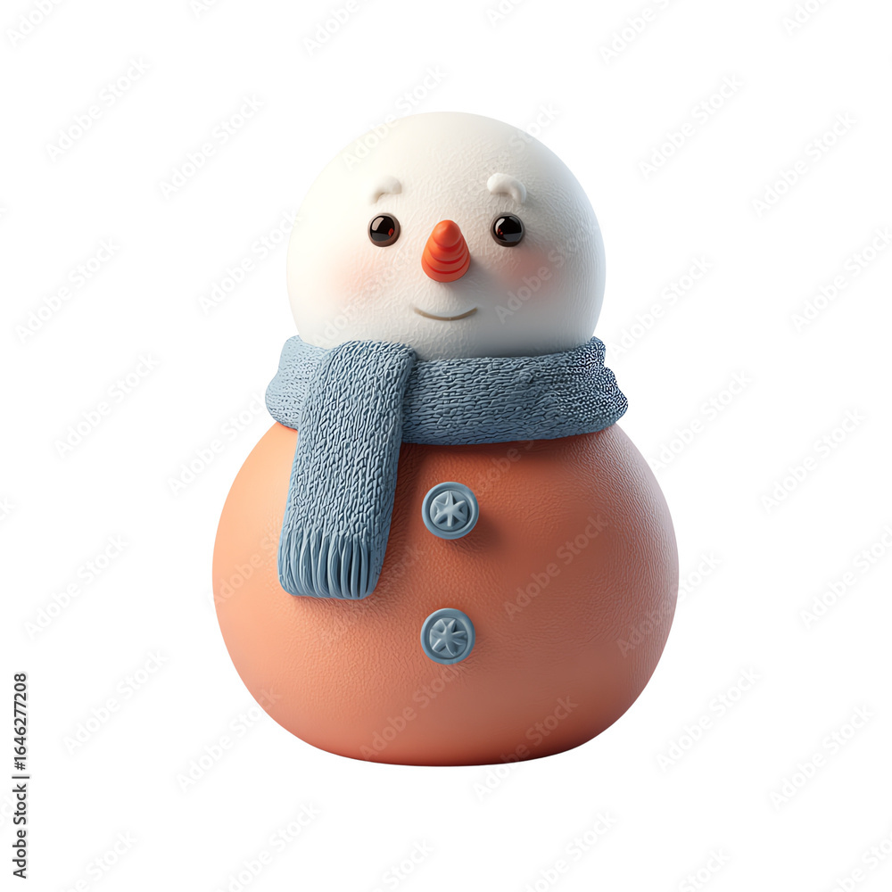Fototapeta premium Two-tone snowman with blue scarf, terracotta body, three-quarter right, 3D render — white isolated