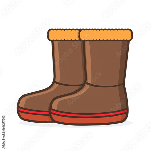 Flat vector winter boots icon, side view, brown with orange trim — white isolated background