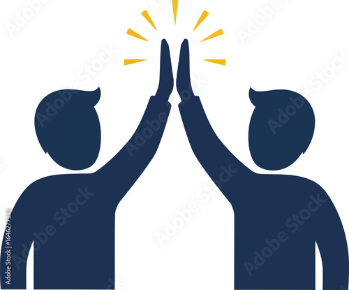 Two Blue Silhouettes Celebrating with a High Five and Yellow Rays celebration success