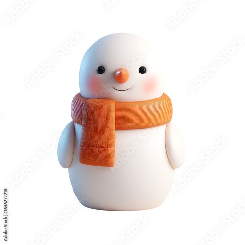 Snowman figurine in orange sweater and blue scarf, front view, 3D render — white isolated background